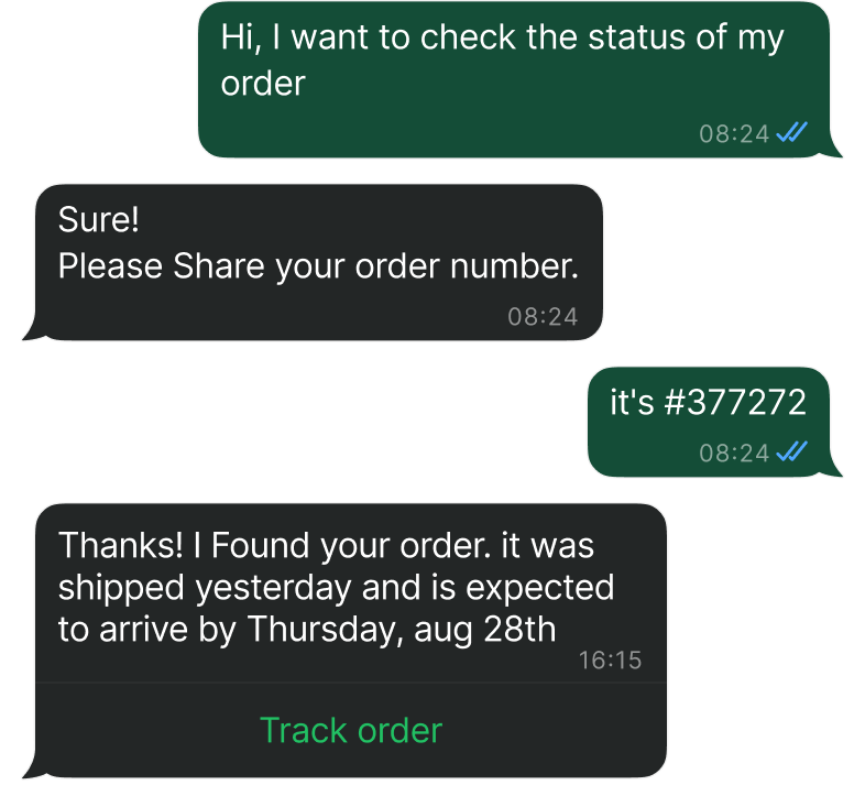 A conversation thread between a user and a WhatsApp chatbot, assisting them with their delivery updates.